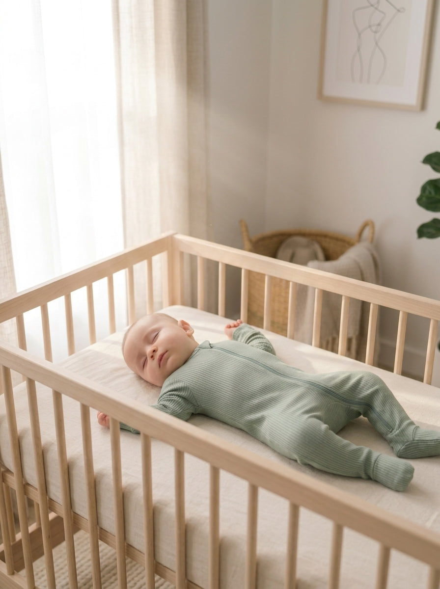 Baby sleeping on their back in a bare, safe crib wearing a fitted sage sleeper