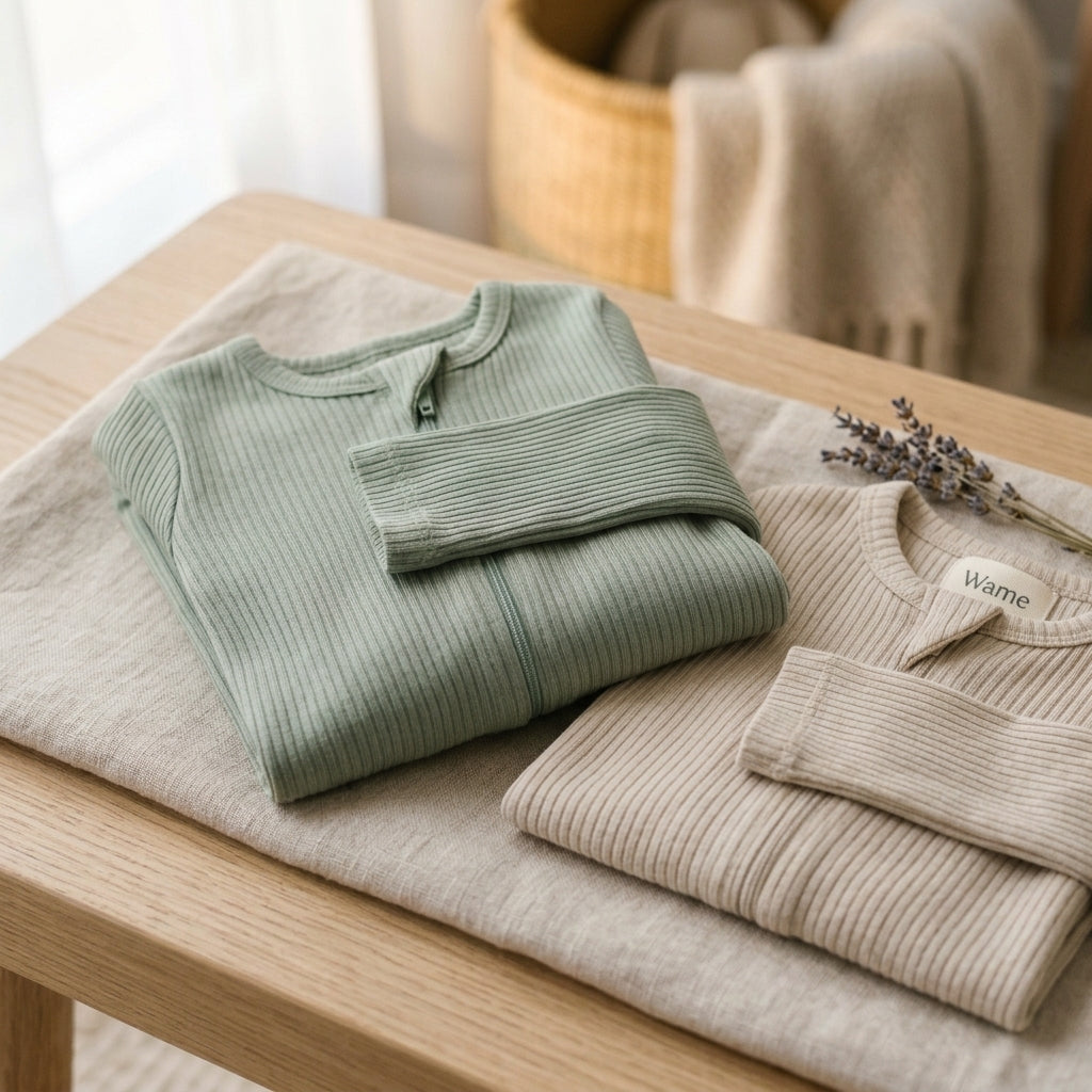Wamé ribbed bamboo baby pieces in sage and oat, folded flat lay