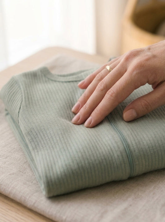Hand resting on the folded Wamé Bamboo Zip Sleeper in 95% viscose from bamboo
