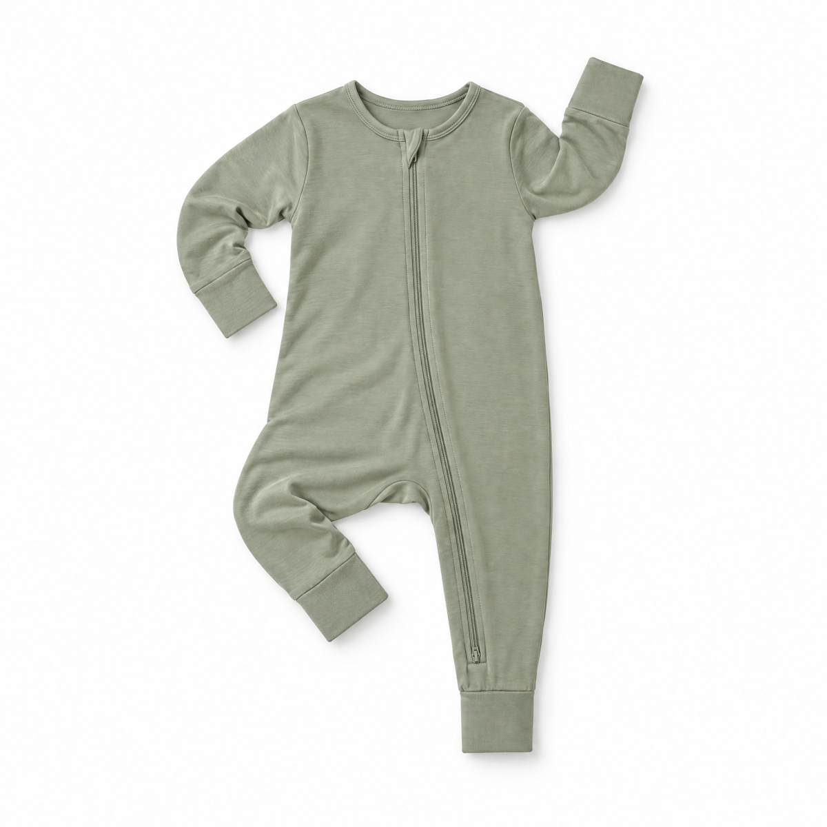 Wame Bamboo Zip Sleeper in Willow Sage, laid flat, showing the two-way zip, zipper guard and ribbed cuffs